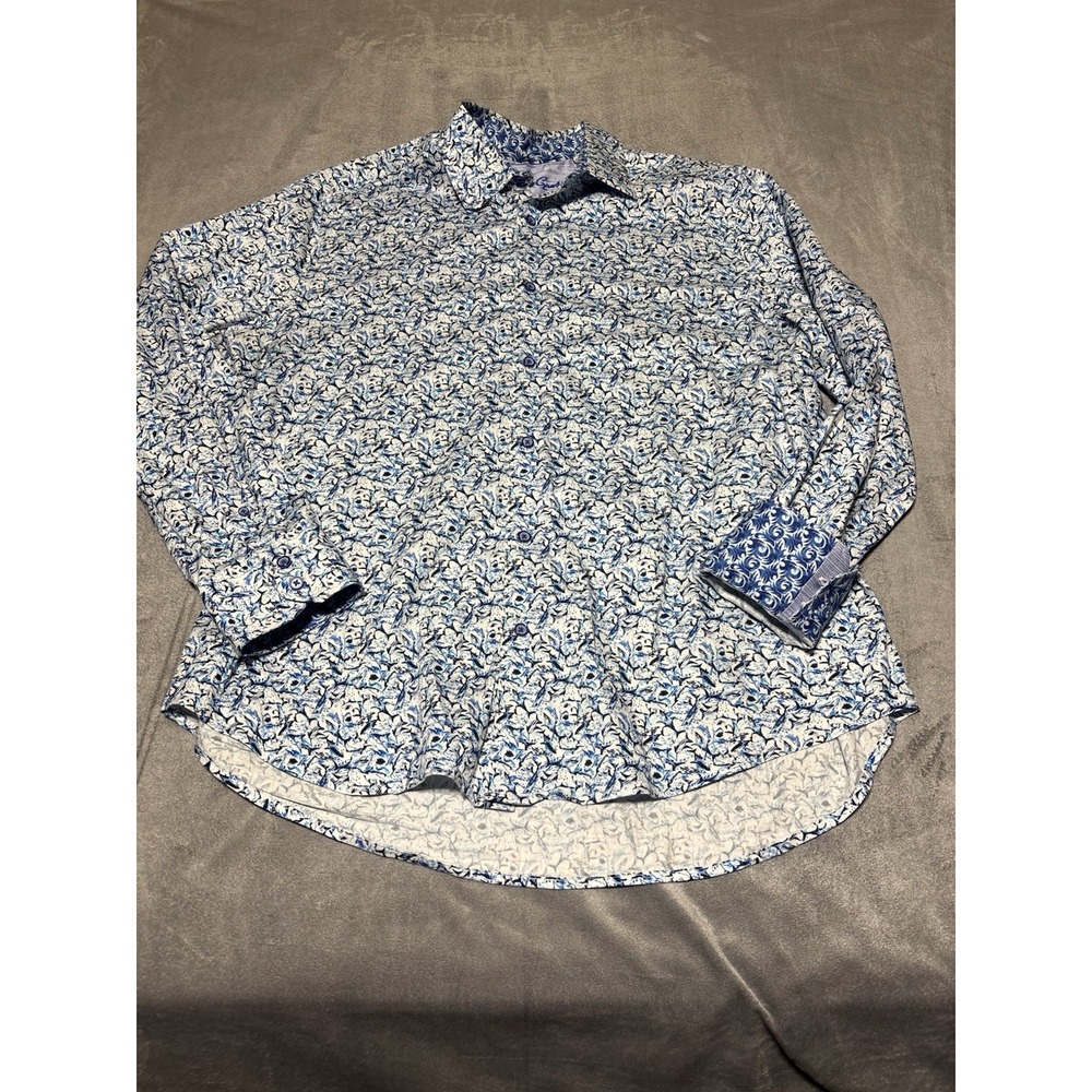 Robert Graham Men Size XL Blue White Classic Fit Flip Cuff Button Front Shirt